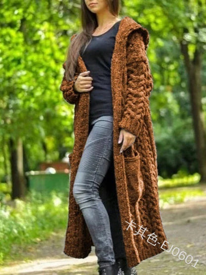 Women Casual Solid Color Long Sleeve Hooded Cardigan Knitted Sweater