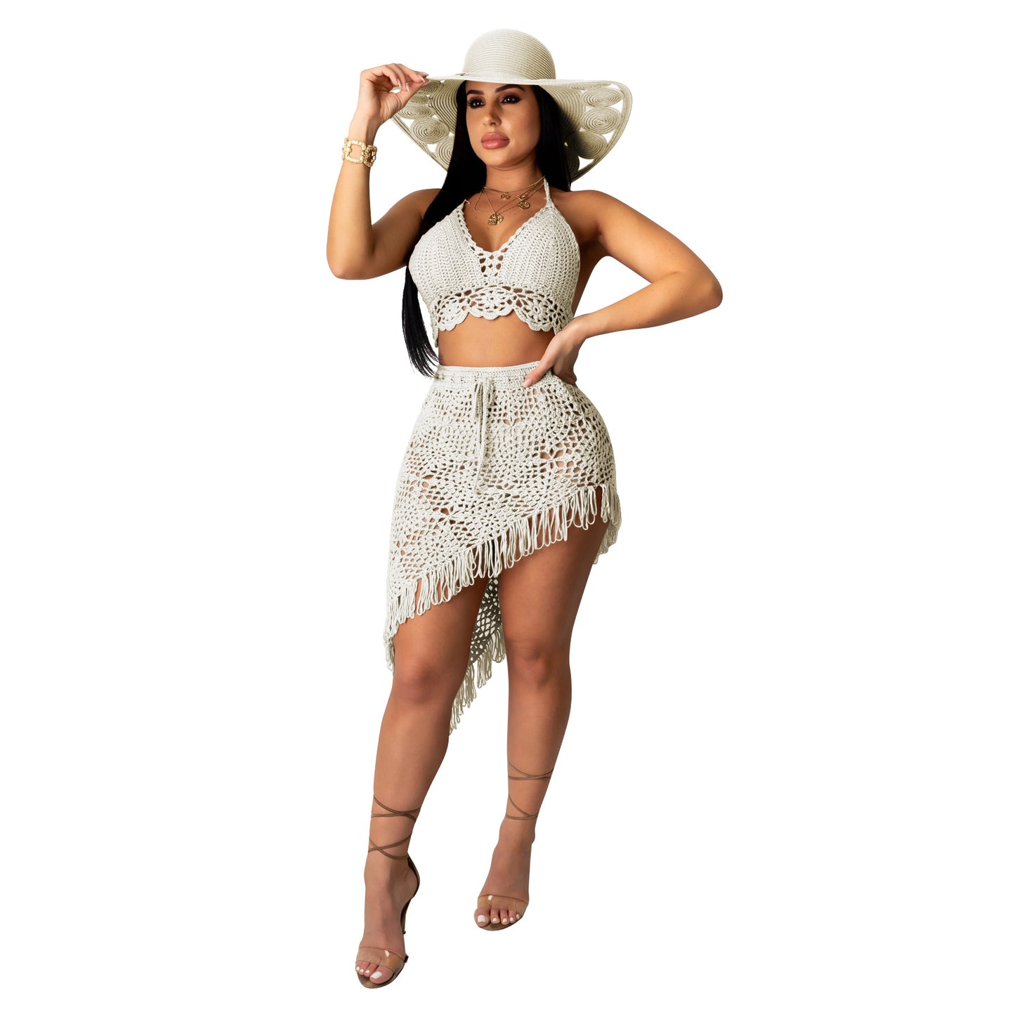 Traje de baño de dos piezas con borlas, informal, sexy y calado para mujer
