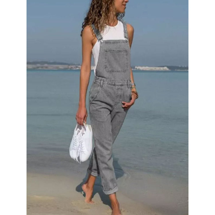 Women Fashion Casual Solid Color Denim Overalls Pants