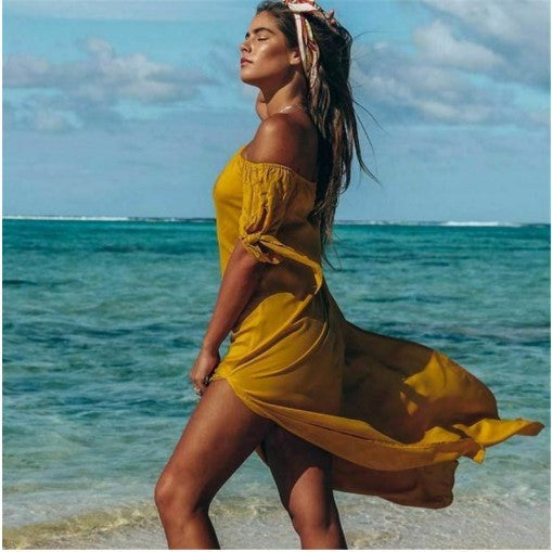 Women Fashion Casual Solid Color Boat Neck Short Sleeve Slit Long Dress