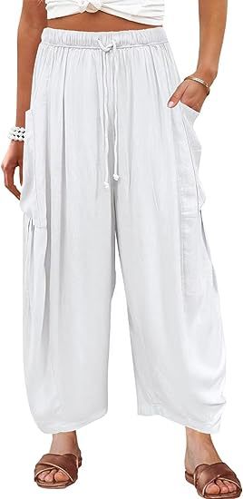 Pantalones cargo informales para mujer, con cintura elástica, plisados, de cintura alta, anchos y holgados, de algodón y lino con bolsillos.