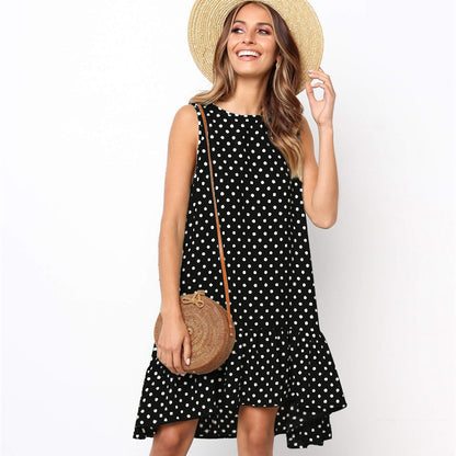 Women Bohemian Summer Polka Dot Sleeveless Ruffled Beach Mini Casual Sundress Fashion Dress