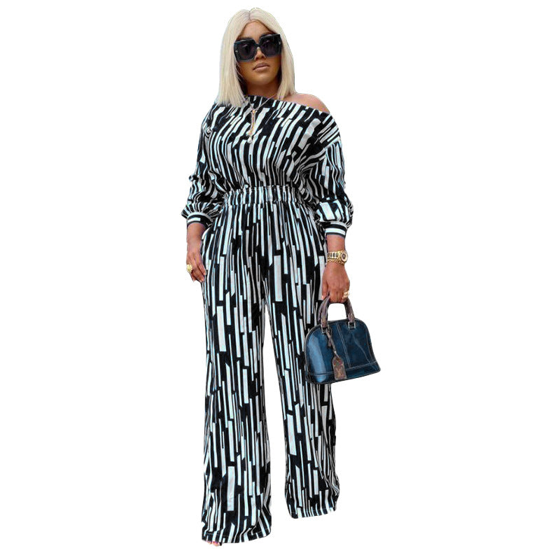 Plus Size Women Stripe Print Long-Sleeved Shoulder Loose Casual Two Pieces Suit