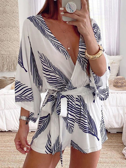 Women Elegant Casual Leaf Print Shorts Sleeve Bandage Summer Wide Leg Beach Rompers