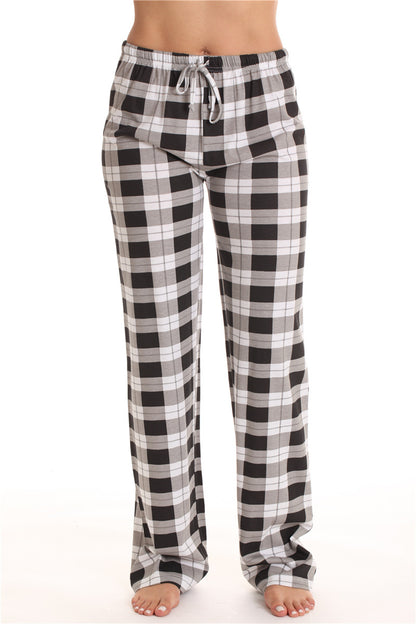 Women Classic Plaid Pattern Casual High Waist Drawstring Pants