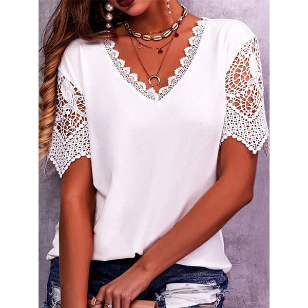 Blusa informal de manga corta con cuello en V, holgada, con encaje y patchwork de color liso para mujer