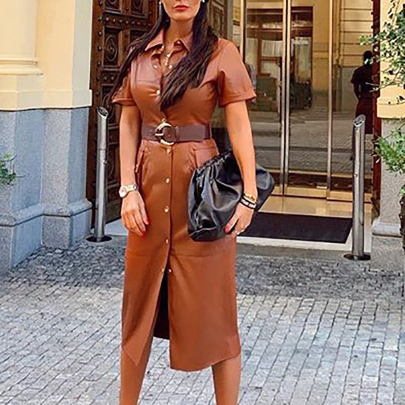 Women Fashion Casual PU Solid Color Leather Lapel Belt Short Sleeve Dress