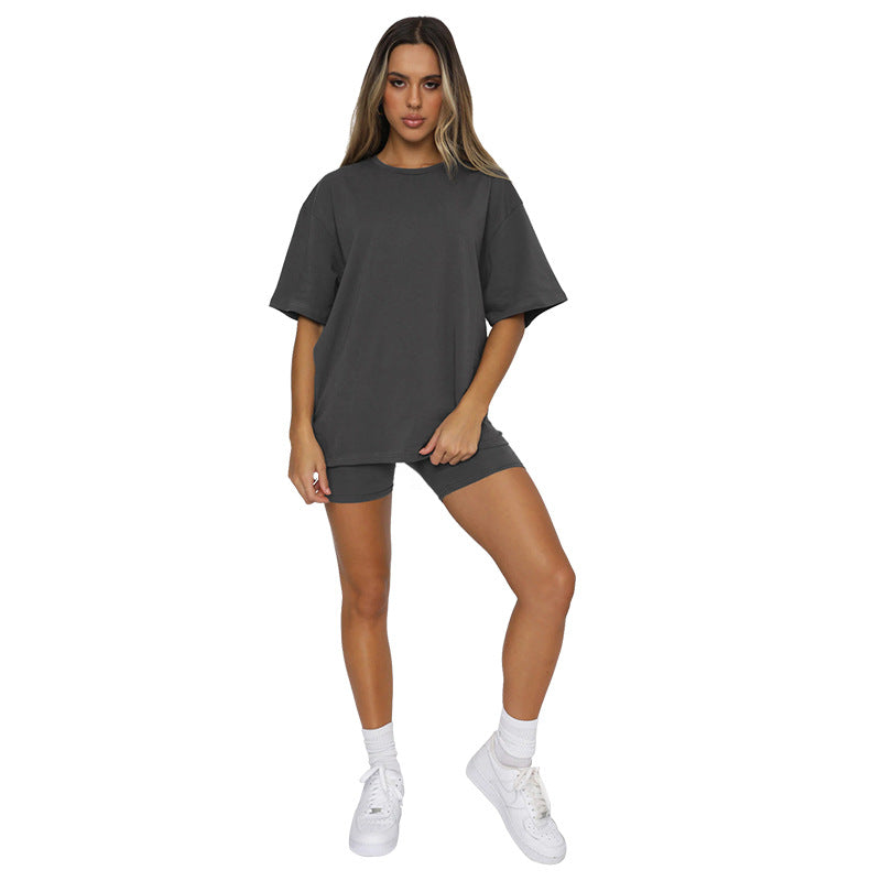 Women Athleisure Solid Color Short Sleeve Round Neck Top And Casual Shorts two pieces Suit