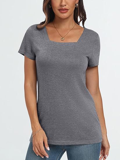 Camiseta informal de verano para mujer, con cuello cuadrado, color liso, manga corta y sin mangas