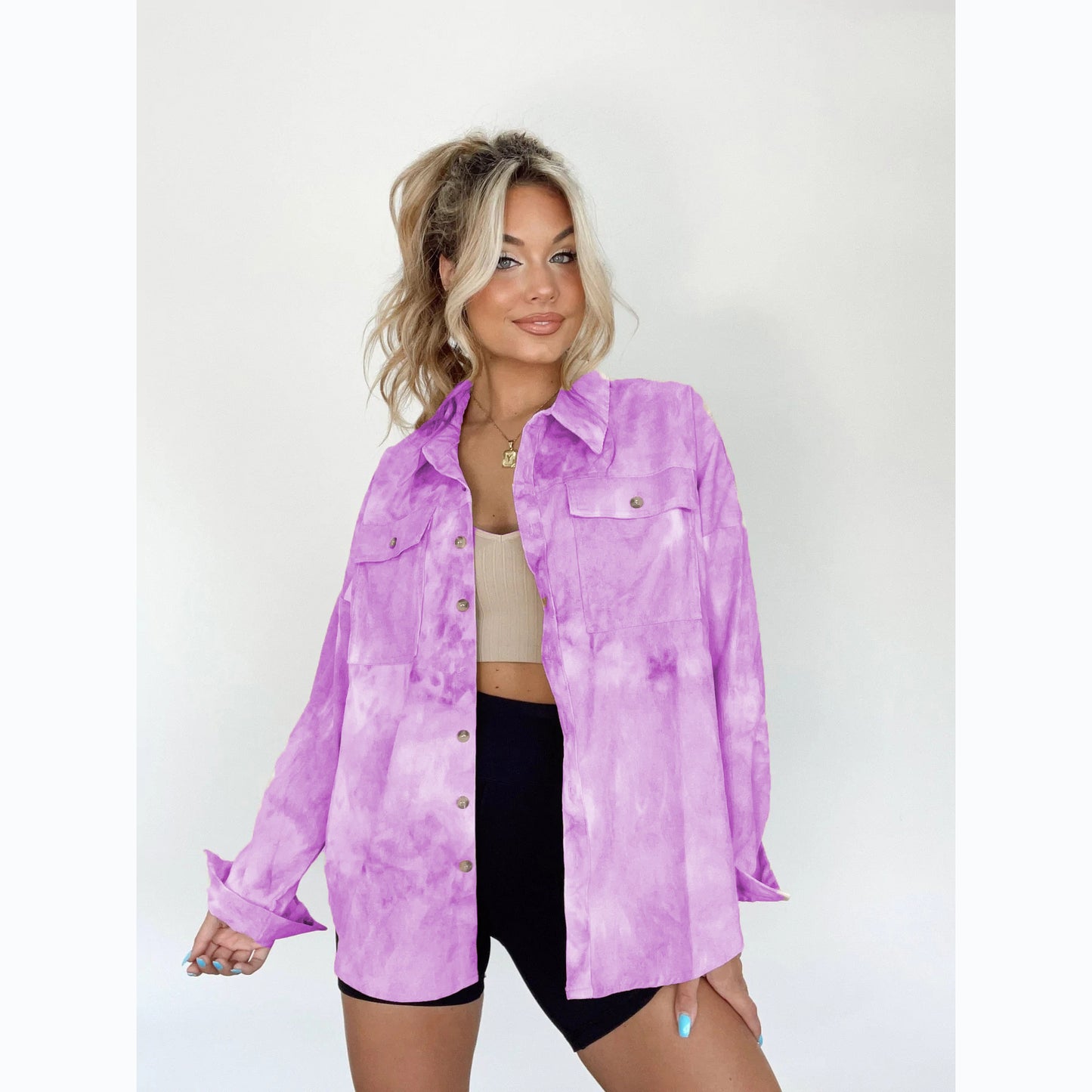 Casual Fashion Women Tie Dye Print Long Sleeve Shacket Blouse