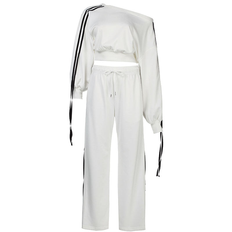 Conjunto de dos piezas de camiseta informal de rayas con hombros descubiertos, manga larga y pantalones con cordones y cintura alta para mujer