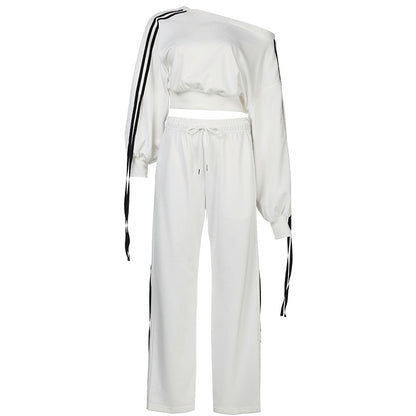 Conjunto de dos piezas de camiseta informal de rayas con hombros descubiertos, manga larga y pantalones con cordones y cintura alta para mujer