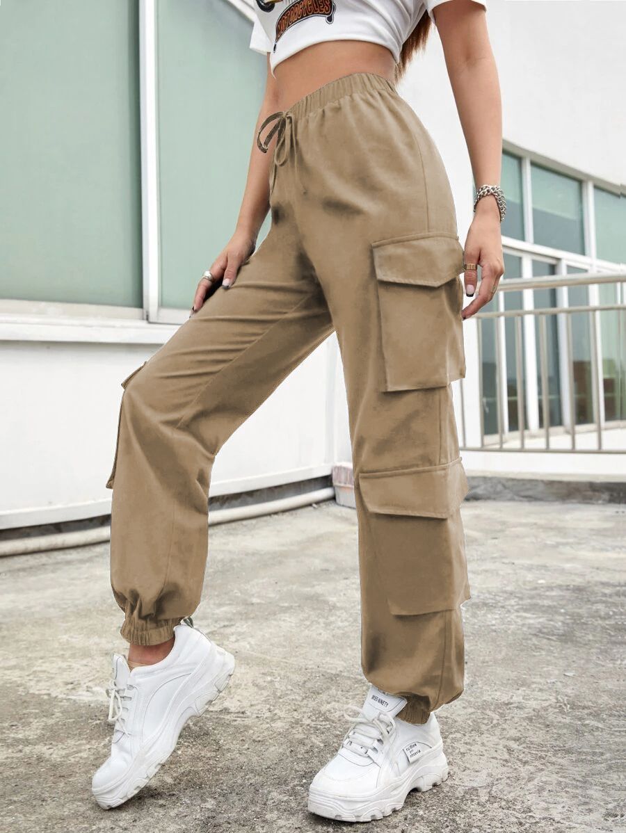 Women Solid Color Elastic High Waist Loose Casual Sports Pants