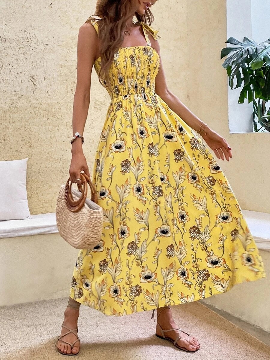 Vestido largo informal con cintura elástica definida y estampado floral para vacaciones de verano para mujer