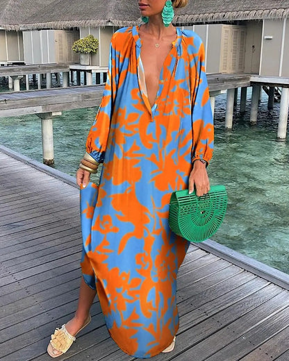 Autumn Women Graphic Printed Pullover Long-Sleeved V-Neck Loose Casual Maxi Dress