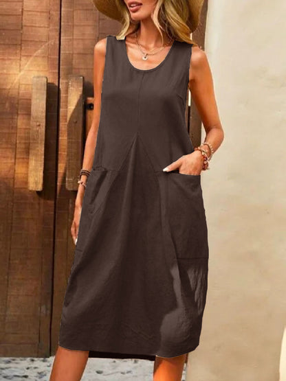 Women Casual Solid Color Cotton Linen Sleeveless Loose U-Neck Dress