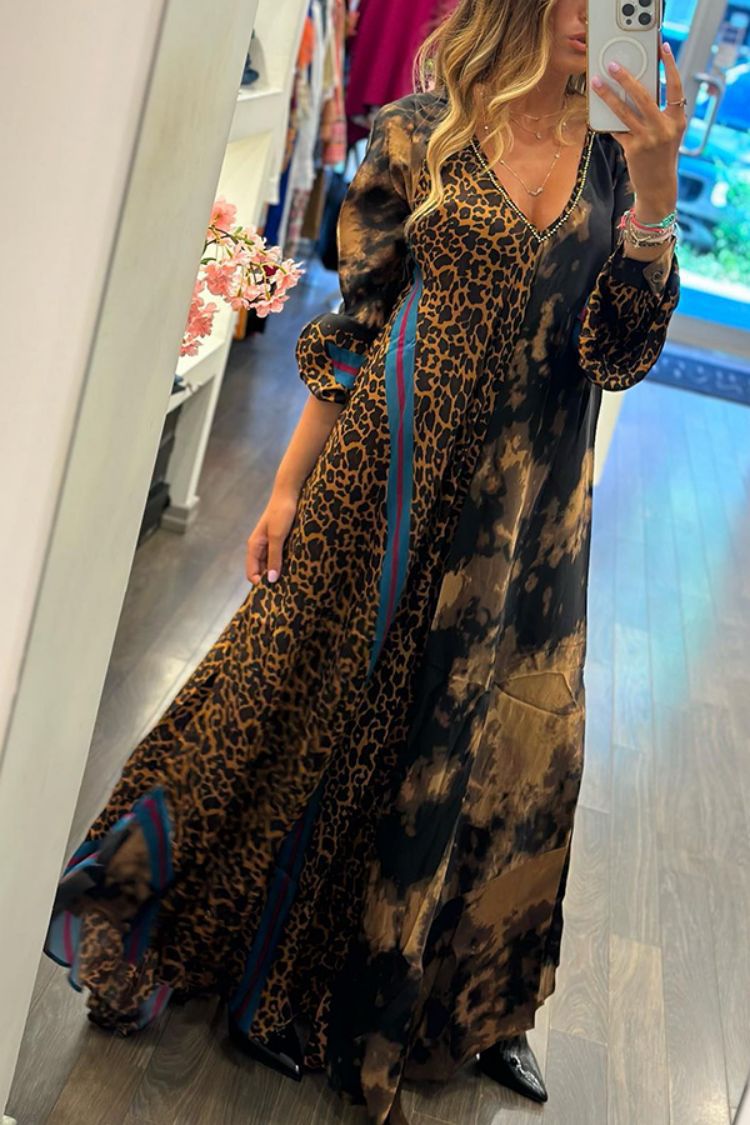 Women Casual Loose V-Neck Leopard Print Long Sleeve Maxi Dress