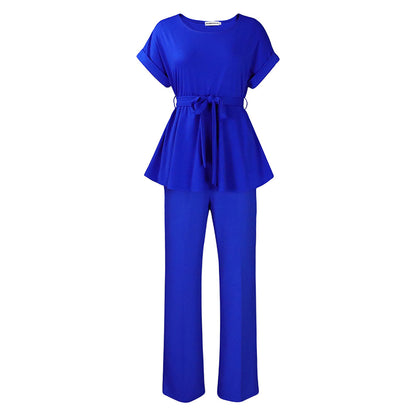 Conjunto de dos piezas de top y pantalón de manga corta de color liso informal para mujer