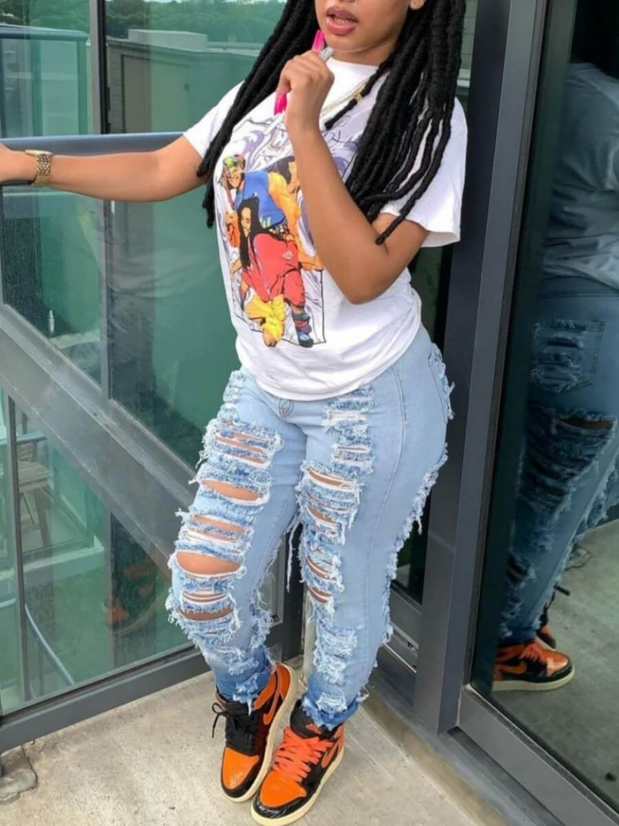 Vaqueros ajustados, rasgados y elásticos de cintura alta para mujer