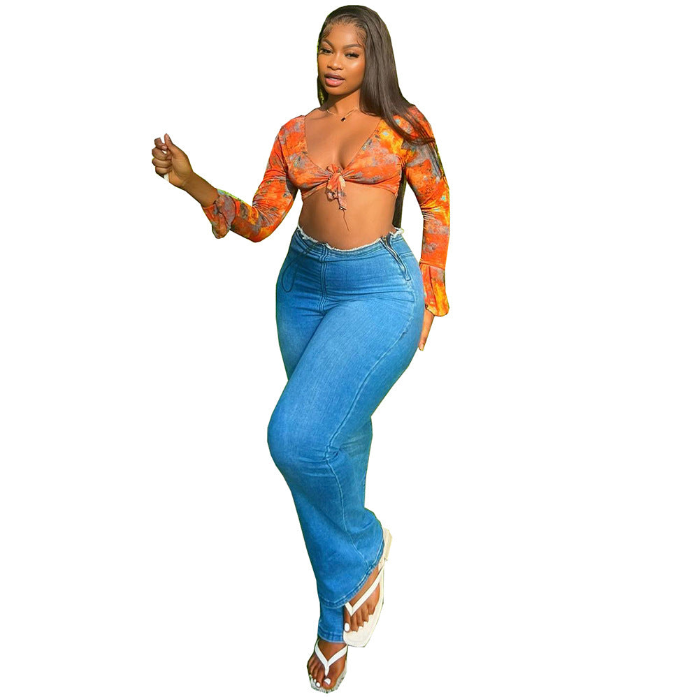 Vaqueros rectos elásticos de cintura alta informales a la moda para mujer