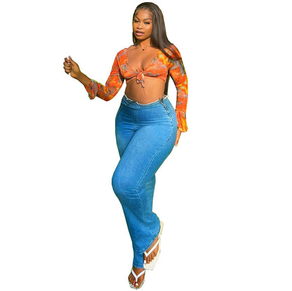 Vaqueros rectos elásticos de cintura alta informales a la moda para mujer