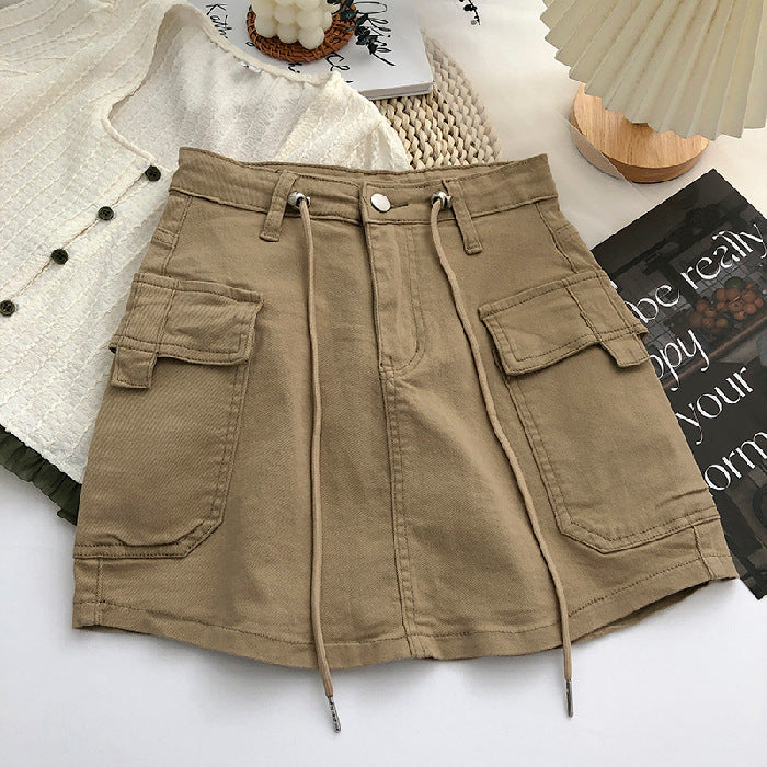 Women Fashion Casual Solid Color Drawstring Waist Denim Skirt