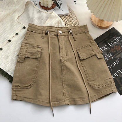 Women Fashion Casual Solid Color Drawstring Waist Denim Skirt