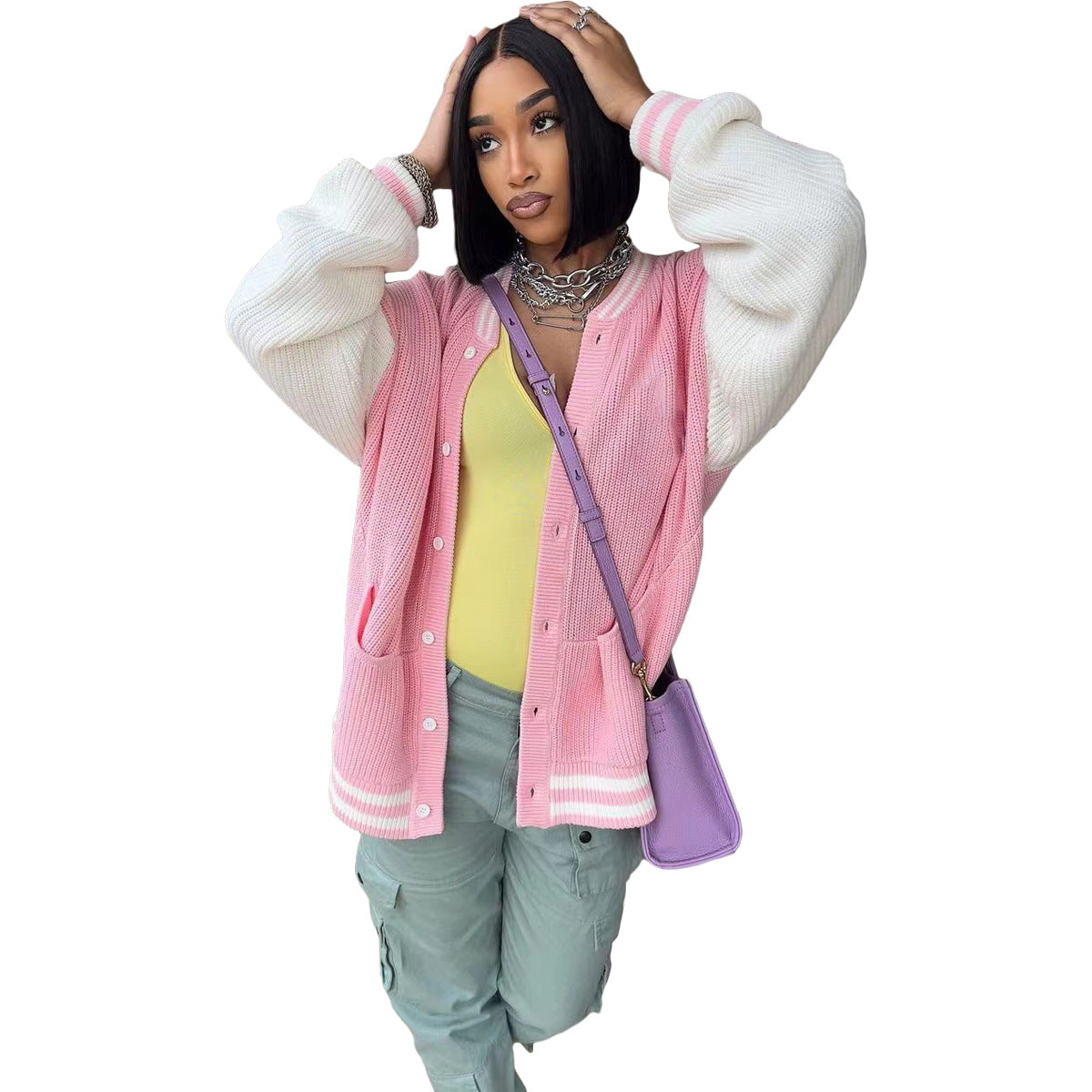 Chaqueta de punto con botonadura sencilla y bloques de color, informal, a la moda para mujer