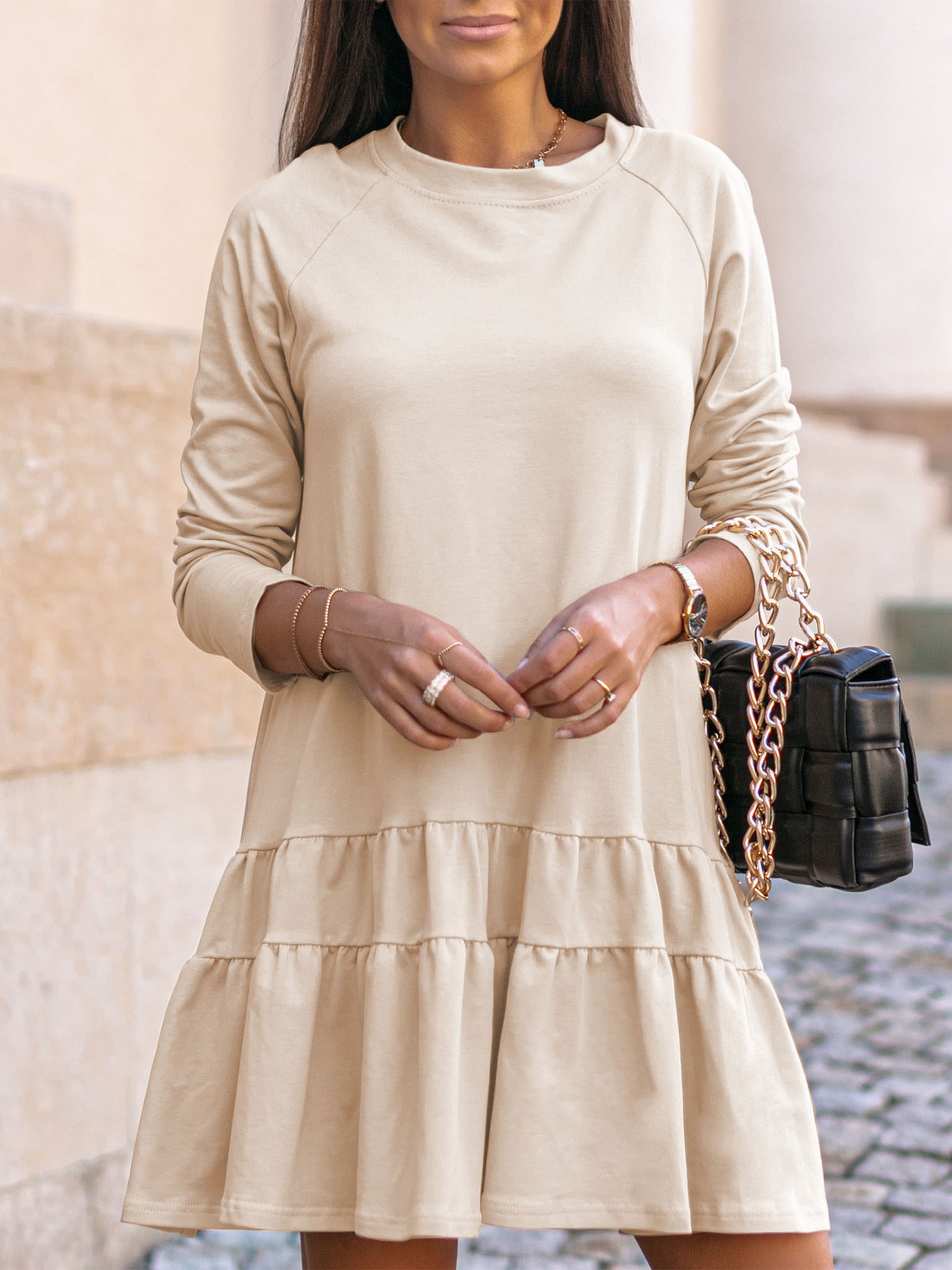 Vestido informal de manga larga para mujer, holgado, con cuello redondo y volantes, color liso