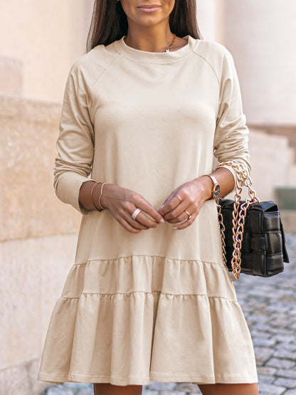 Vestido informal de manga larga para mujer, holgado, con cuello redondo y volantes, color liso
