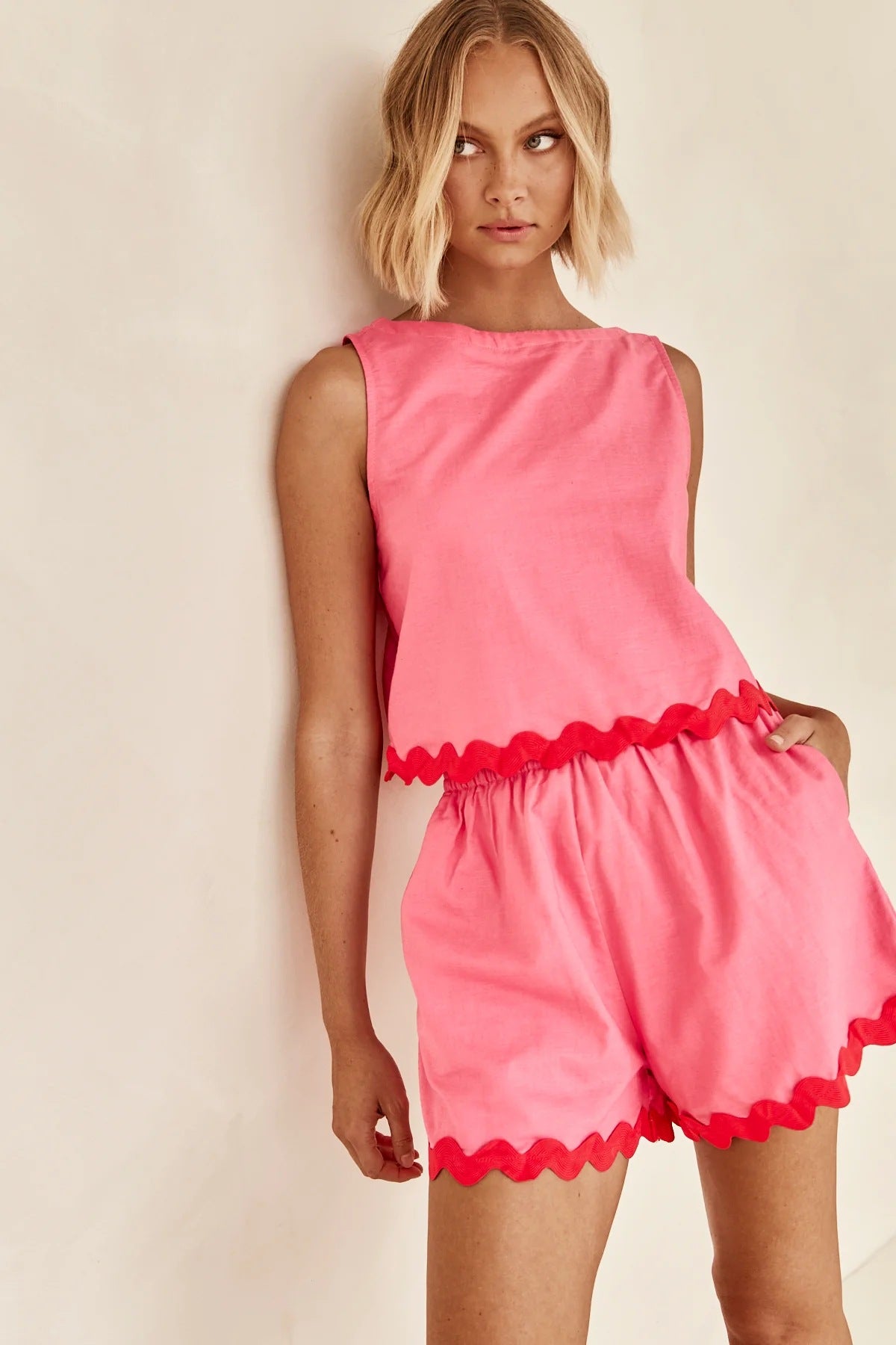 Women Spring Summer Comfortable Casual Solid Color Pink Sleeveless Shorts Set