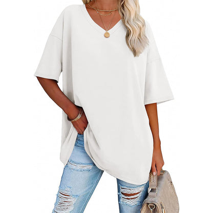 Camiseta informal holgada de color liso con cuello en V para mujer