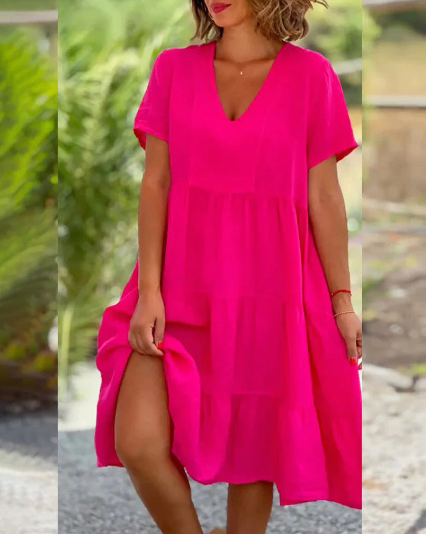 Vestido holgado informal de manga corta con cuello en V para mujer