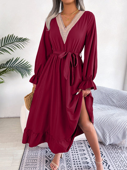 Women Fashion Casual V-Neck Lace Defined Waist Ruffled Dress