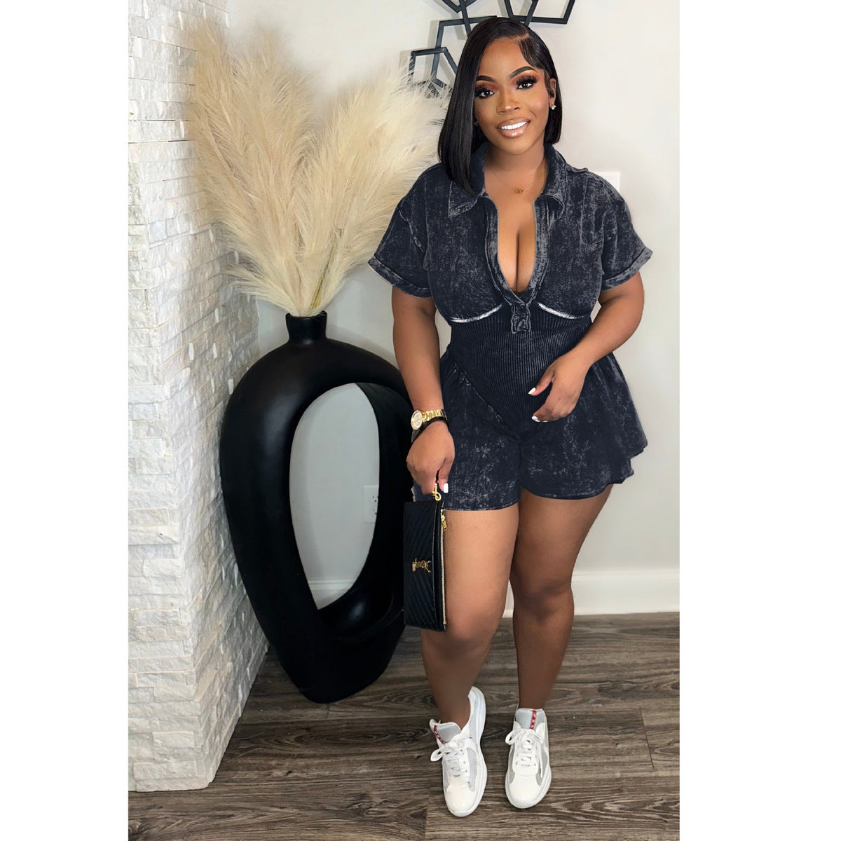 Women Washed Print A- Shaped Deep V Neck Defined Waist Short-Sleeved Casual Cargo Rompers