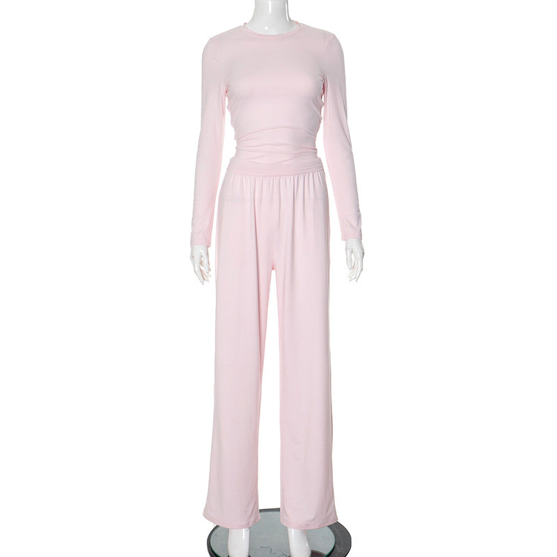 Conjunto de dos piezas para mujer, informal, básico, de color liso, con top de manga larga y pantalones anchos