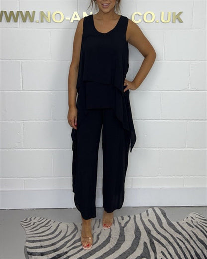 Conjunto de top y pantalones cortos informales sin mangas de color liso de talla grande a la moda para mujer