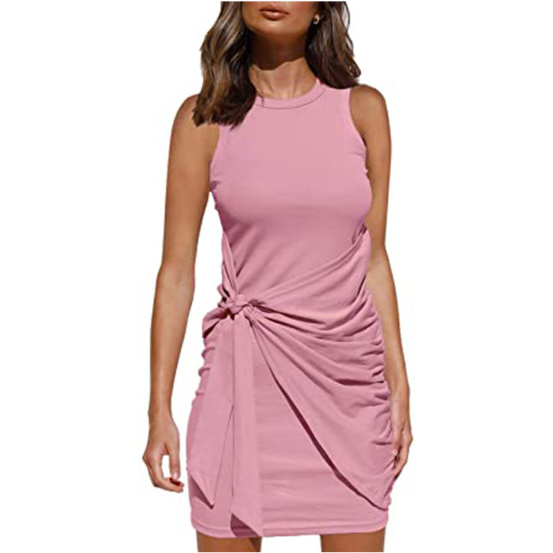 Vestido informal sin mangas con lazo de color liso a la moda para mujer