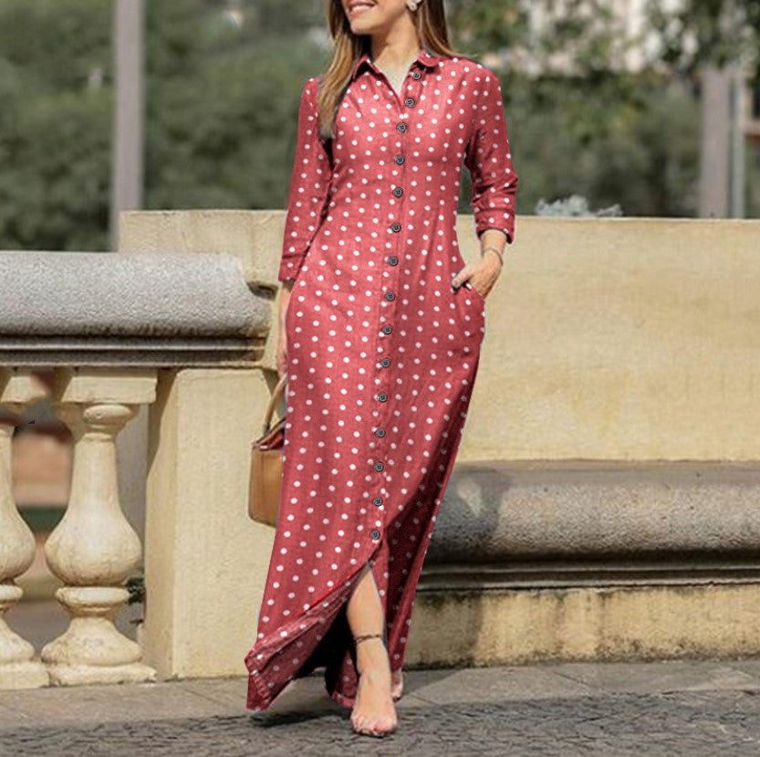 Women Casual Polka Dot Long Sleeve Lapel Collar Button Long Dress
