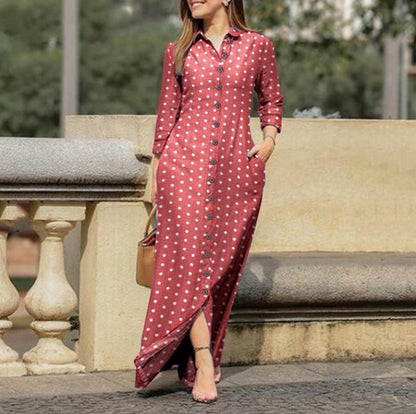 Women Casual Polka Dot Long Sleeve Lapel Collar Button Long Dress