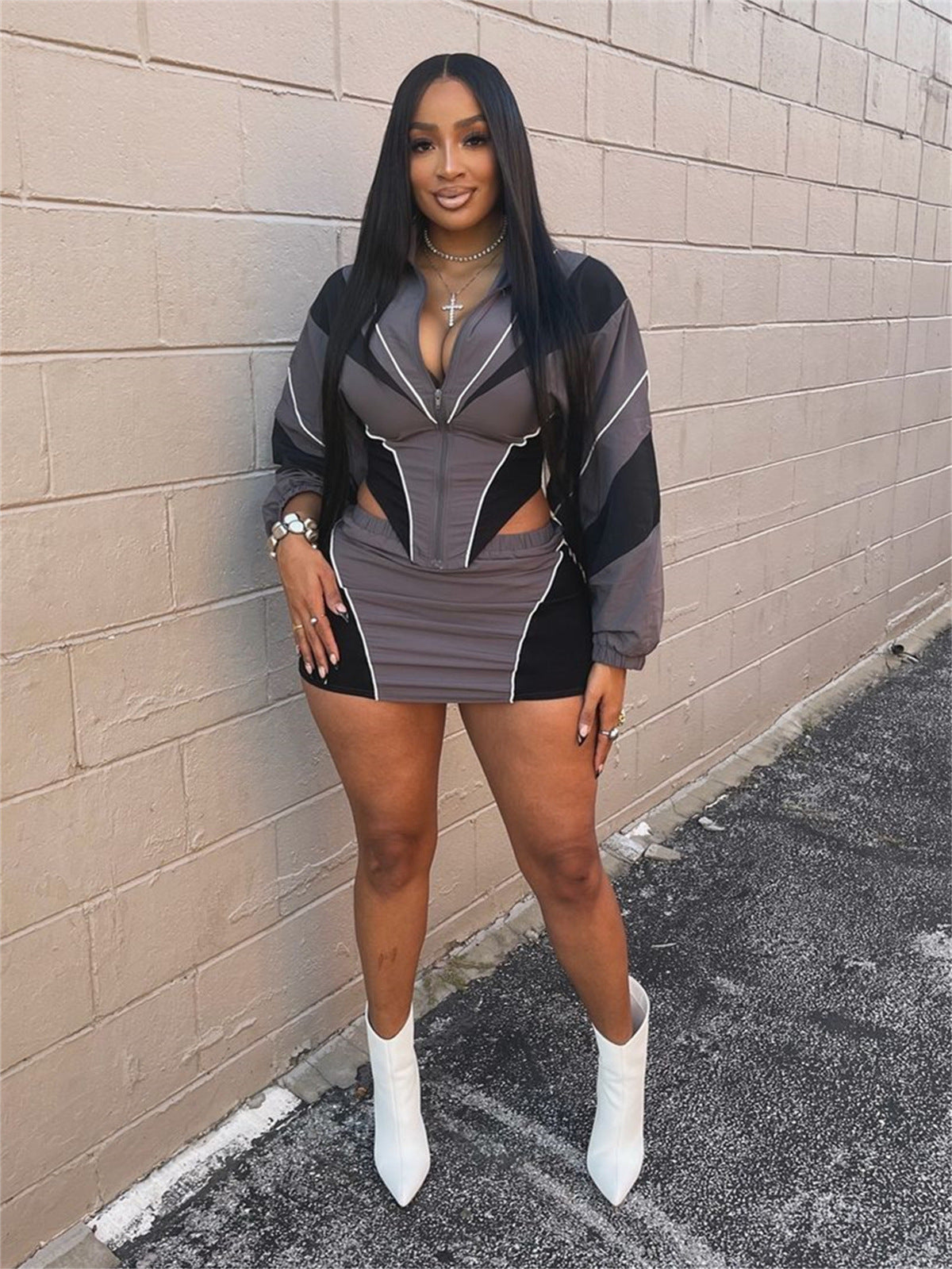 Autumn Winter Sexy Sports Style Loose Casual Contrast Color Long Sleeve Crop Jacket Short Skirt Set