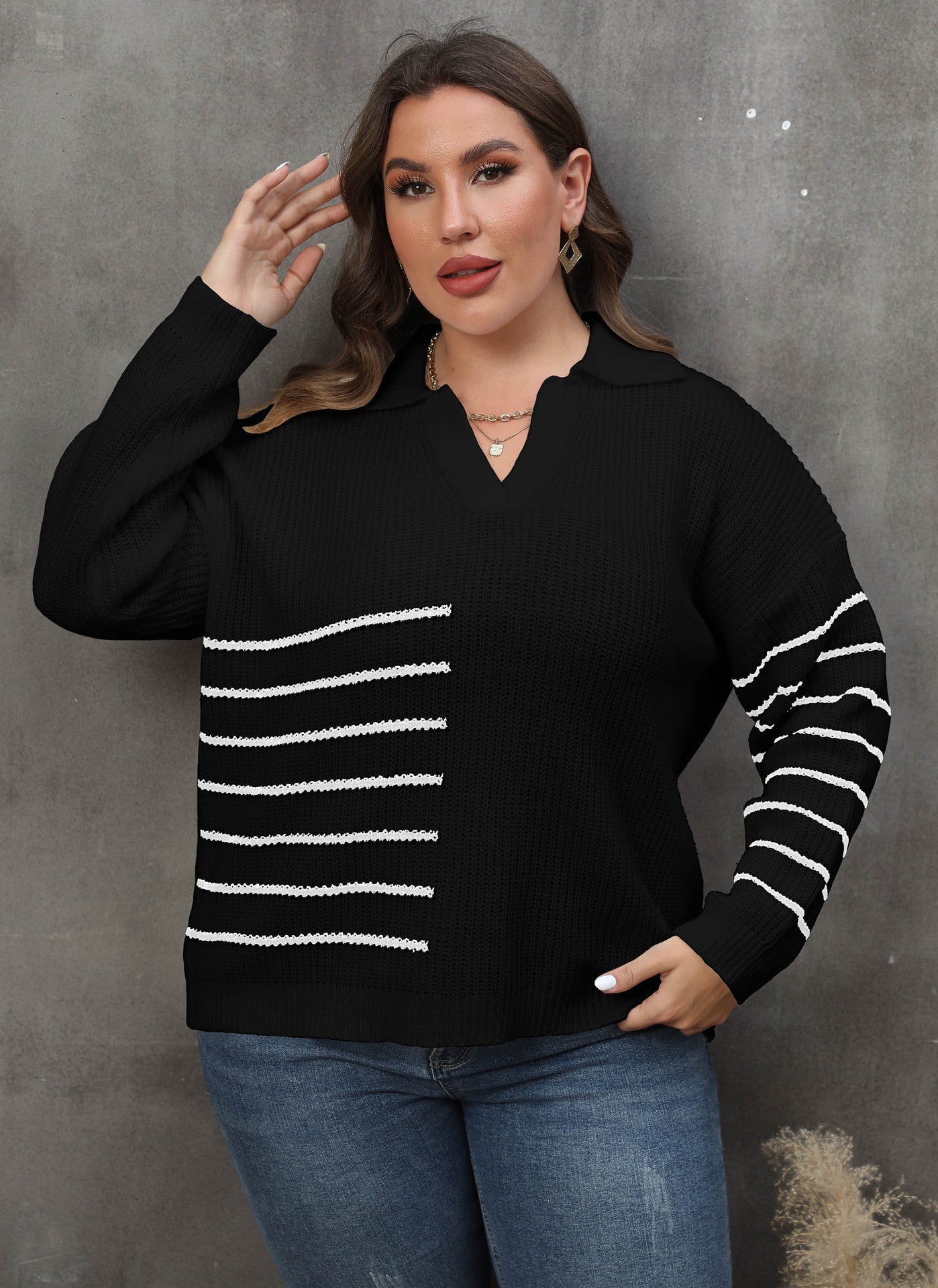 Suéter holgado informal de punto con cuello en V y solapa a rayas para mujer, talla grande, para invierno y otoño