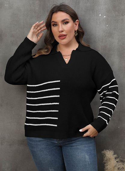 Suéter holgado informal de punto con cuello en V y solapa a rayas para mujer, talla grande, para invierno y otoño