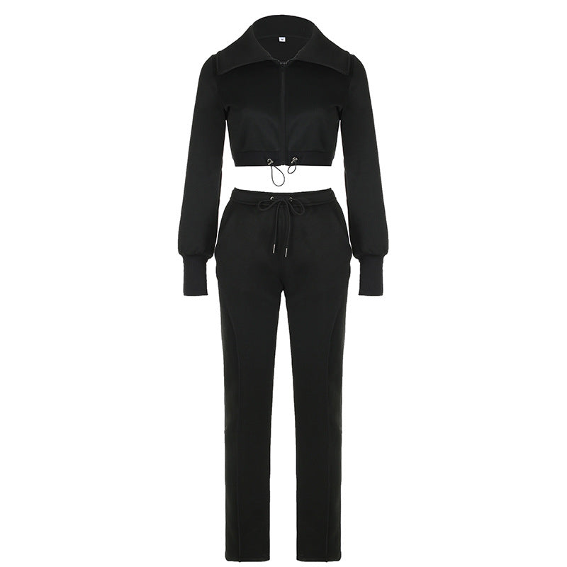 Conjunto de dos piezas de top y pantalón de manga larga con solapa y cremallera informal para mujer