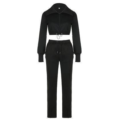 Conjunto de dos piezas de top y pantalón de manga larga con solapa y cremallera informal para mujer