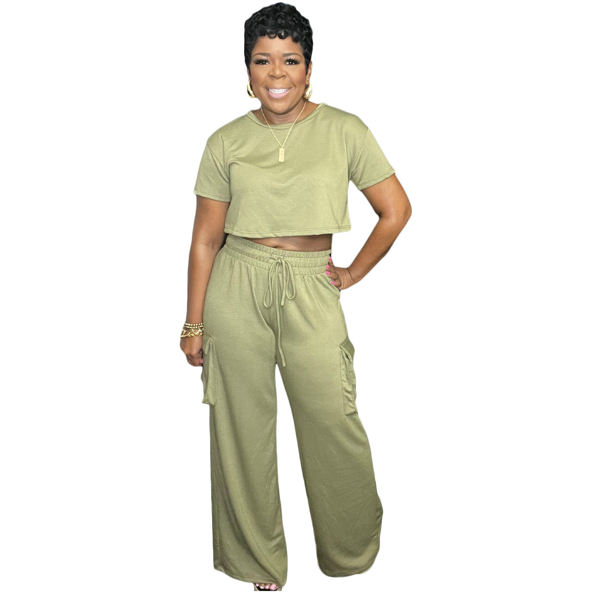 Women Casual Solid Color Round Neck Short-Sleeved Crop Top Drawstring Wide-Leg Pants Two-Piece Set