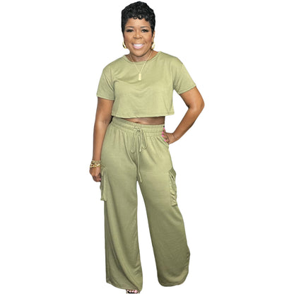 Women Casual Solid Color Round Neck Short-Sleeved Crop Top Drawstring Wide-Leg Pants Two-Piece Set