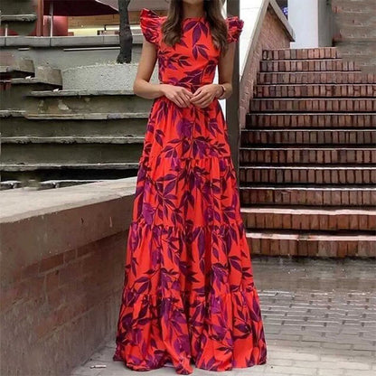 Summer Women Casual Print Round Neck Flounce Maxi Dress
