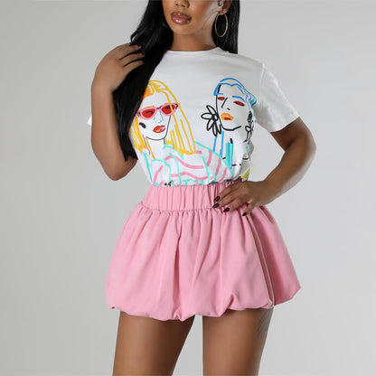 Women Fashion Casual Solid Color Bubble High Waist Skirt