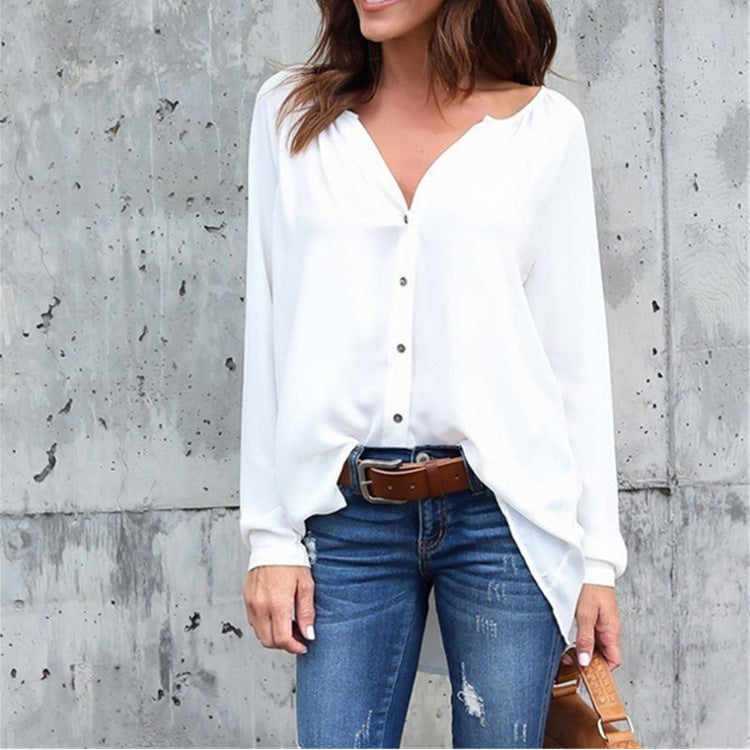 Blusa informal de gasa holgada con cuello en V y botones de manga larga para mujer